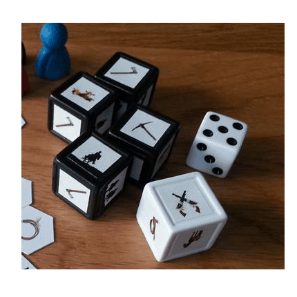 Indented dice with custom printed stickers